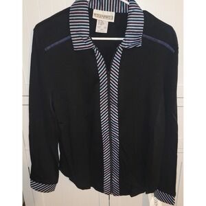PETER POPOVICH Black‎ Zip Front Collared Shirt Womens Large Striped vintage